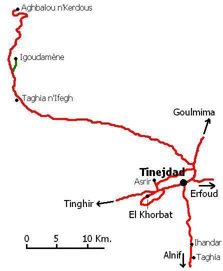 Mapa del sur de Marruecos entre Tinejdad y Aghbalou n’Kerdous.