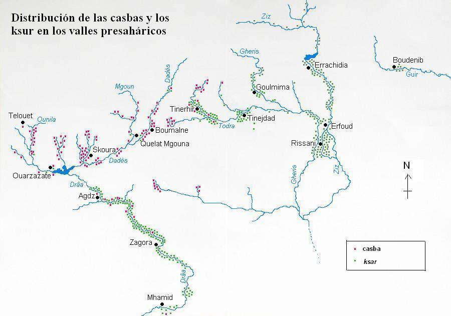 Mapa de distribuci�n de los ksur y las casbas en el sur de Marruecos.